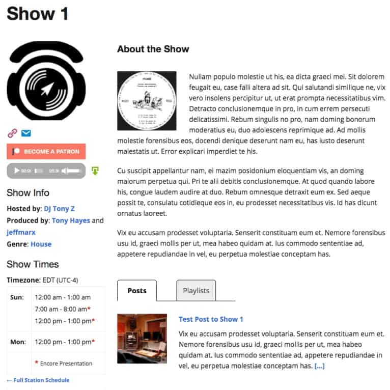 Screenshot of the Responsive Show Page Layout in Radio Station