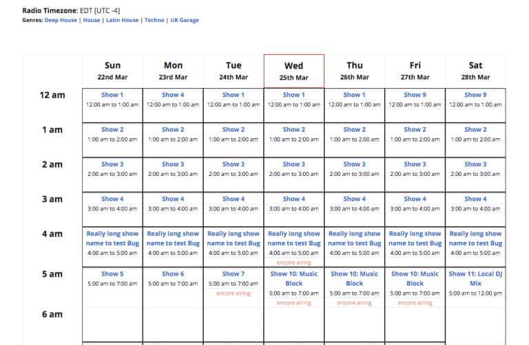 Screenshot of Radio Station Schedule Table View